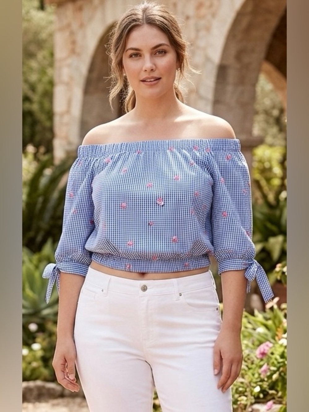 Blue & White Gingham Off-Shoulder Top with Pink Rose Embroidery Size XL